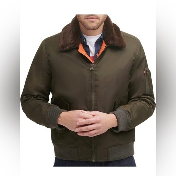 LEVI'S Men's Flight Bomber Jacket with a Faux Fur Removable Collar army green M - Picture 1 of 15